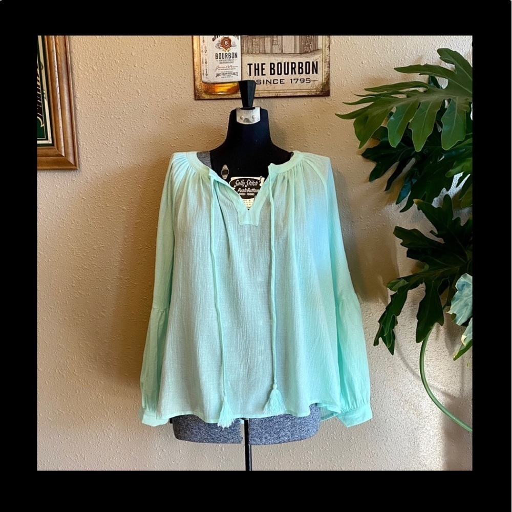 Adorable Mint Boho Puffed Sleeve Blouse
